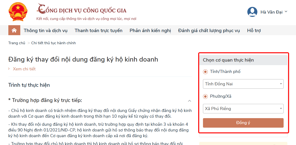 Chọn cơ quan thực hiện thủ tục