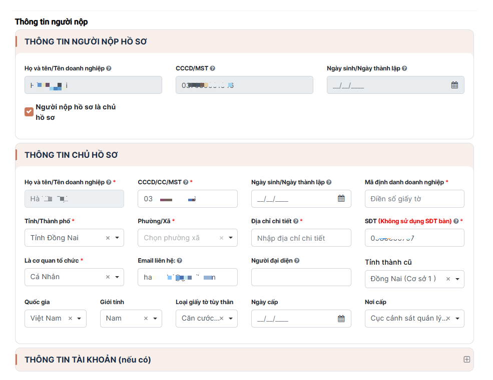 Nhập thông tin người nộp hồ sơ