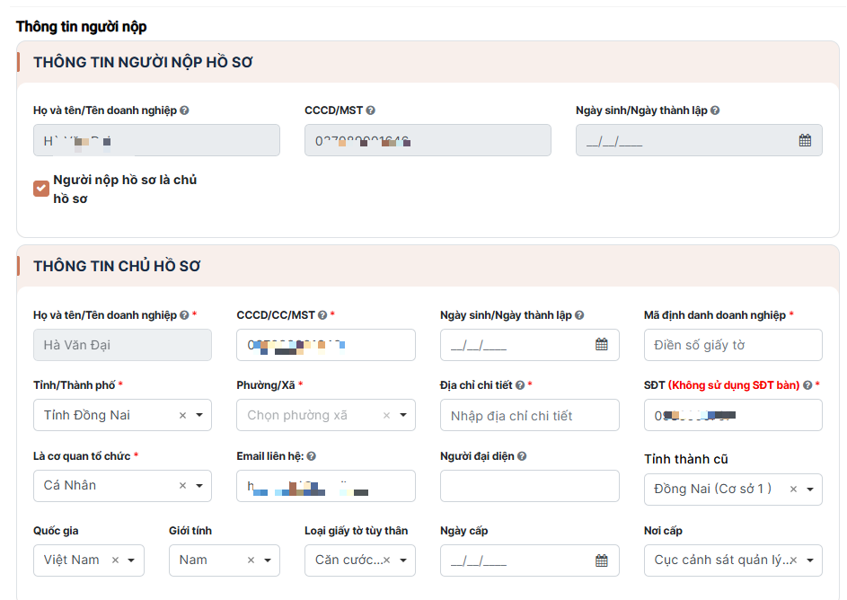 Khai báo thông tin hồ sơ