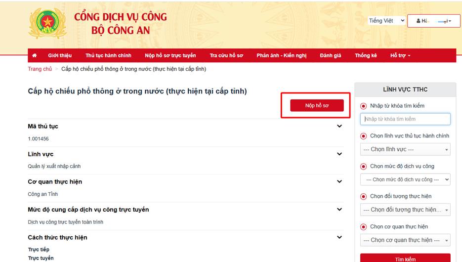 Nhấn nút Nộp hồ sơ