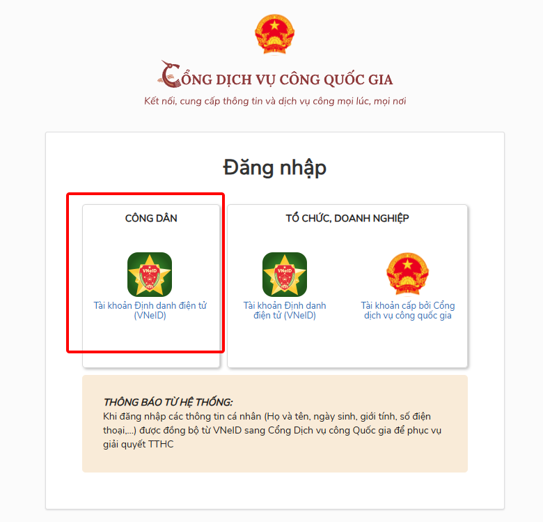 Chọn phương thức đăng nhập VNeID