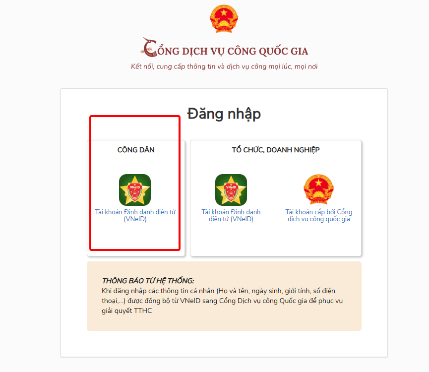 Đăng nhập tài khoản dịch vụ công