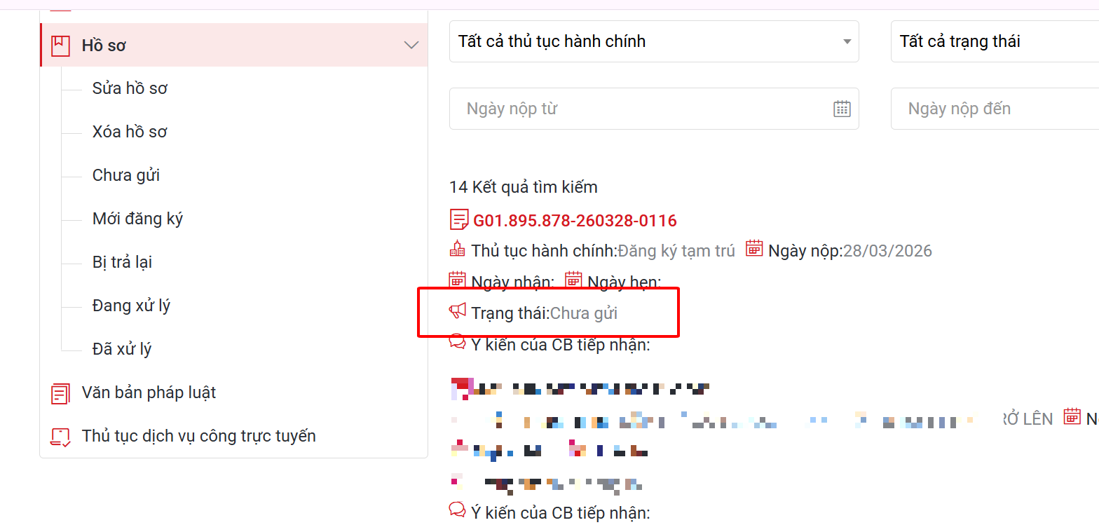 Gửi hồ sơ đăng ký tạm trú thành công trên Cổng Dịch vụ công