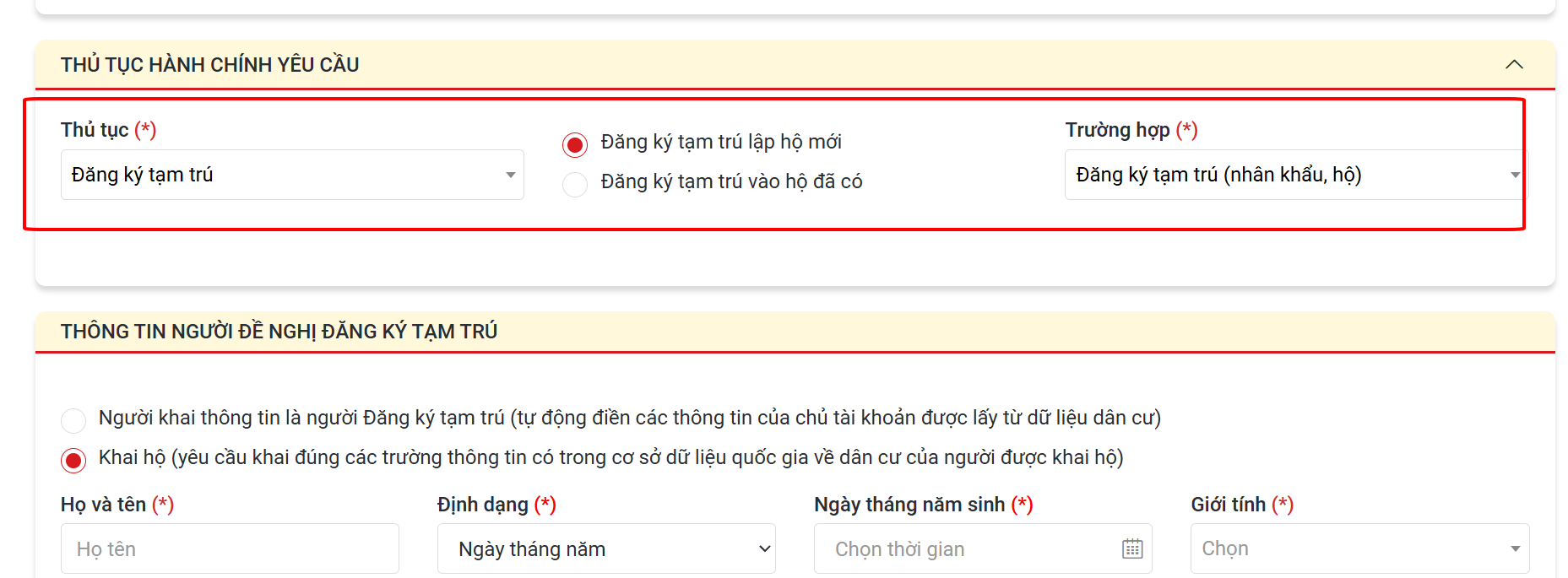 Khai báo hồ sơ điện tử - Chọn cơ quan thực hiện và thủ tục hành chính lưu trú