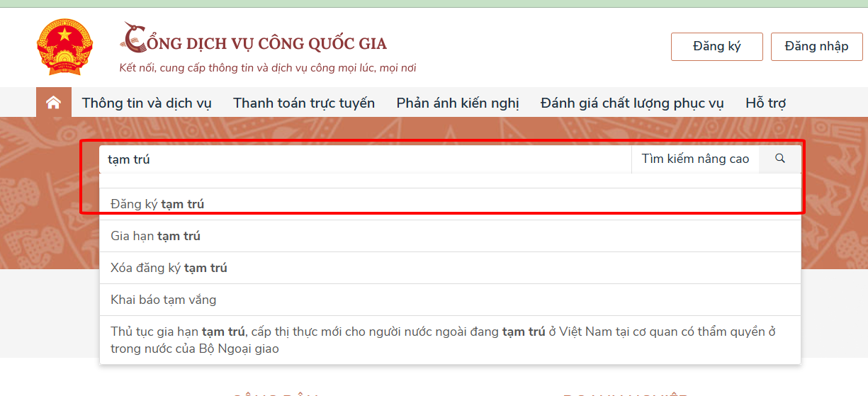 Tìm kiếm thủ tục Đăng ký tạm trú trực tuyến trên Cổng Dịch vụ công