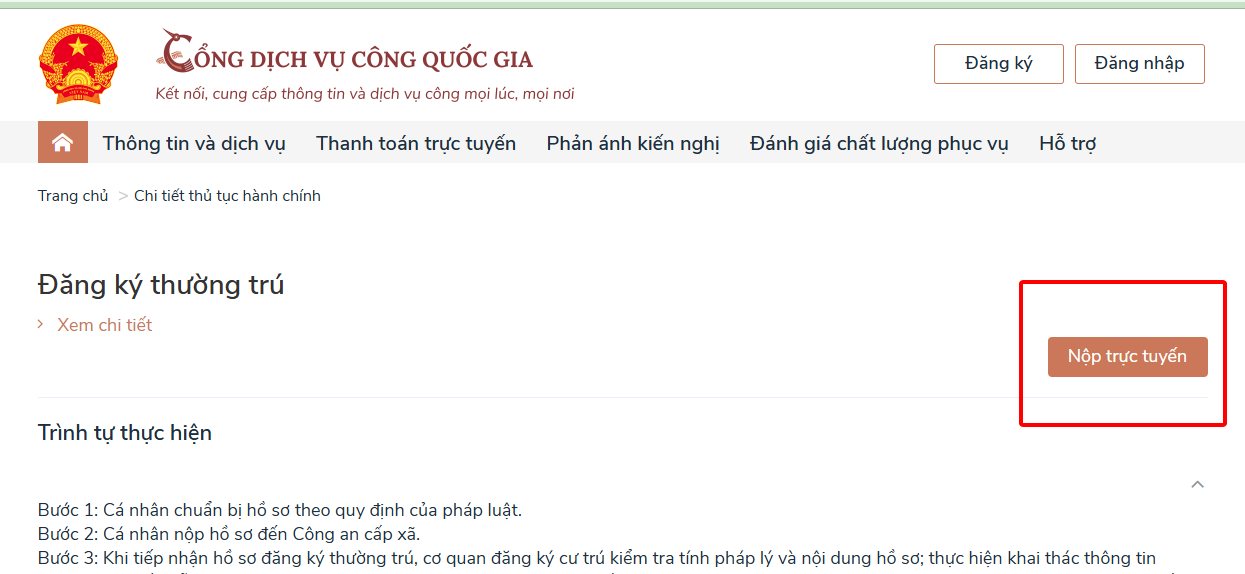 Nộp hồ sơ đăng ký thường trú trực tuyến trên Dịch vụ công Bộ Công an